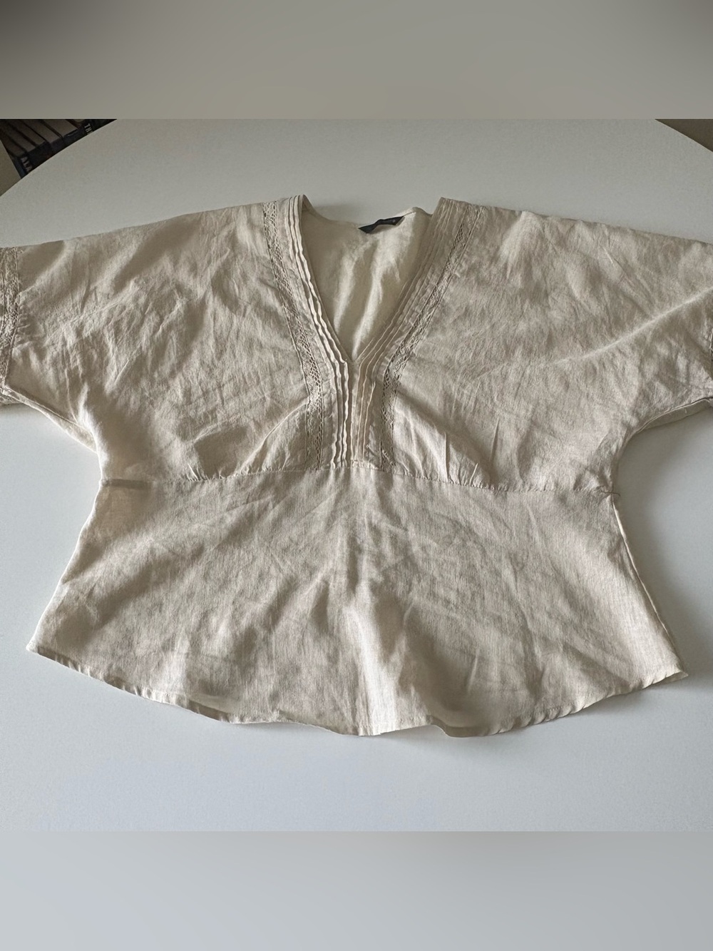 Zara Cream V-Neck Pintuck peplum Linen Top XS Like New